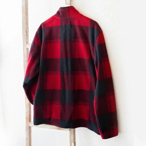 IZOD LUXURY SPORT VINTAGE MEN Sz L JACKET RED BUFFALO CHECK PLAID FLEECE SHERPA - Picture 2 of 8